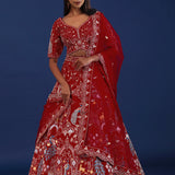 Cherry Red Raw Silk Zardosi Embroidered Lehenga Set