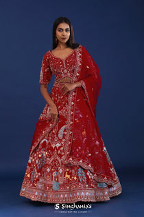 <img> Cherry Red Raw Silk Zardosi Embroidered Lehenga Set