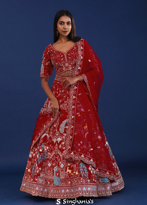 <img> Cherry Red Raw Silk Zardosi Embroidered Lehenga Set