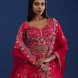 Cherry Red Raw Silk Zardosi Embroidered Lehenga Set