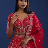 Cherry Red Raw Silk Zardosi Embroidered Lehenga Set