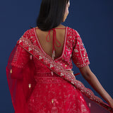 Cherry Red Raw Silk Zardosi Embroidered Lehenga Set
