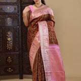 Dark Brown Kanjivaram Silk Saree With Contrast Border
