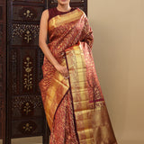 Maroon Oak Kanjivaram Silk Saree With Leaf Jaal