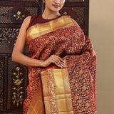 Maroon Oak Kanjivaram Silk Saree With Leaf Jaal