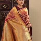 Maroon Oak Kanjivaram Silk Saree With Leaf Jaal