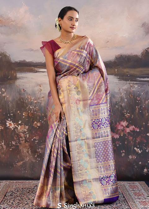 <img> Multi-Color Kanjivaram Tissue Saree With Leheriya Pattern