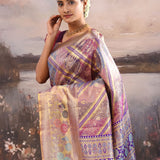 Multi-Color Kanjivaram Tissue Saree With Leheriya Pattern