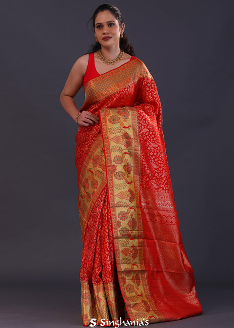 <img> Red Kanjivaram Silk Saree With Tissue Border