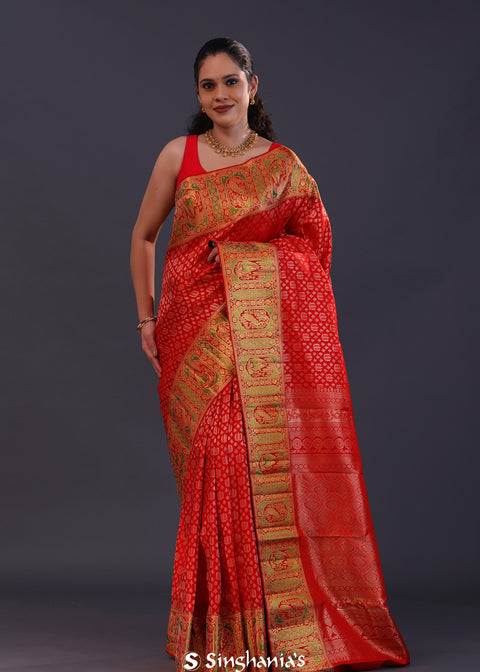 <img> Vibrant Red Kanjivaram Silk Saree With Tissue Border