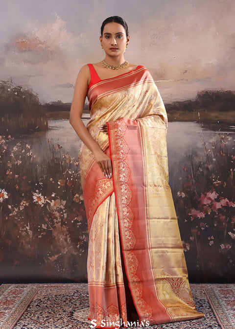 <img> Light Gold Kanjivaram Tissue Saree With Floral Pattern