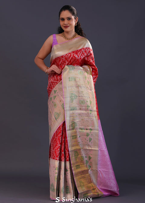 <img> Vibrant Red Kanjivaram Silk Saree With Tissue Border