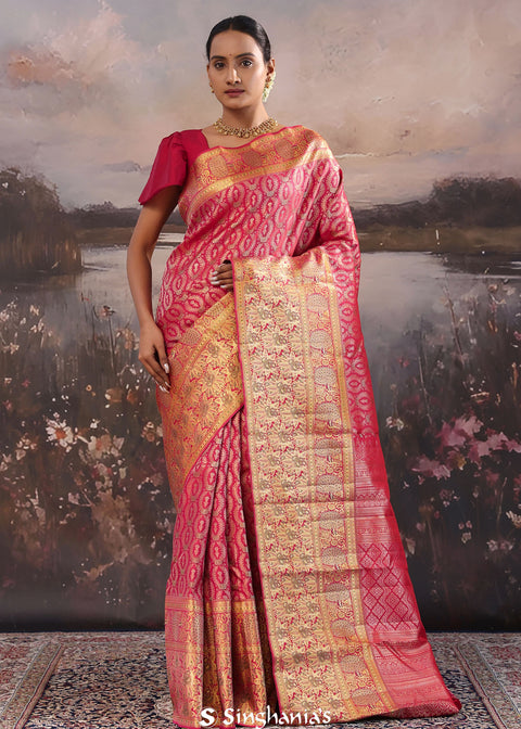 <img> Bright Maroon Kanjivaram Silk Saree With Designer Border