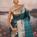 Elephant Bluish Cyan Kanjivaram Silk Saree With Khadi Border