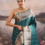 Elephant Bluish Cyan Kanjivaram Silk Saree With Khadi Border