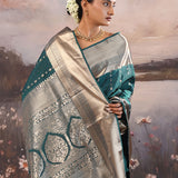 Elephant Bluish Cyan Kanjivaram Silk Saree With Khadi Border