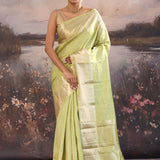 Olive Yellowish Green Kanjivaram Silk Saree With Khadi Border