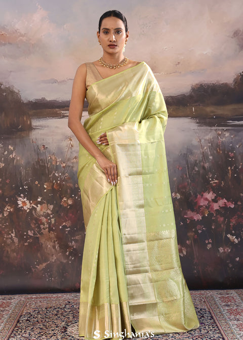 <img> Olive Yellowish Green Kanjivaram Silk Saree With Khadi Border