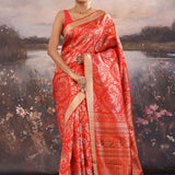 Reddish Orange Kanjivaram Silk Saree With Elephant Motifs