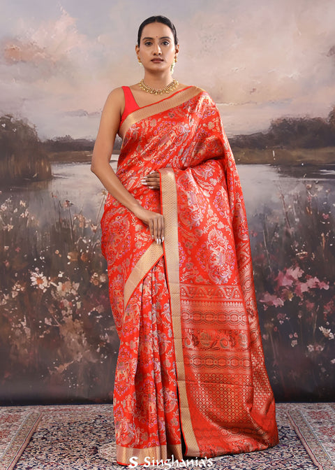 <img> Reddish Orange Kanjivaram Silk Saree With Elephant Motifs