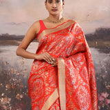 Reddish Orange Kanjivaram Silk Saree With Elephant Motifs