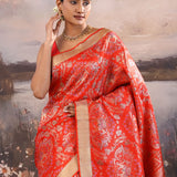 Reddish Orange Kanjivaram Silk Saree With Elephant Motifs