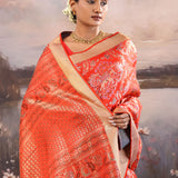 Reddish Orange Kanjivaram Silk Saree With Elephant Motifs