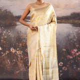 Fawn Yellow Kanjivaram Tissue Saree With Floral Jaal