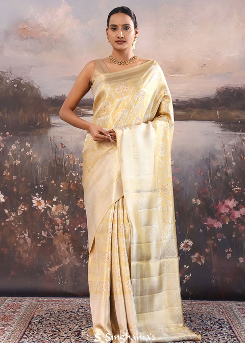 <img> Fawn Yellow Kanjivaram Tissue Saree With Floral Jaal