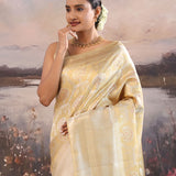 Fawn Yellow Kanjivaram Tissue Saree With Floral Jaal