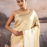 Fawn Yellow Kanjivaram Tissue Saree With Floral Jaal