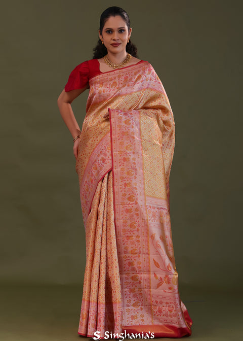 <img> Orange Kanjivaram Tissue Saree With Checks Pattern