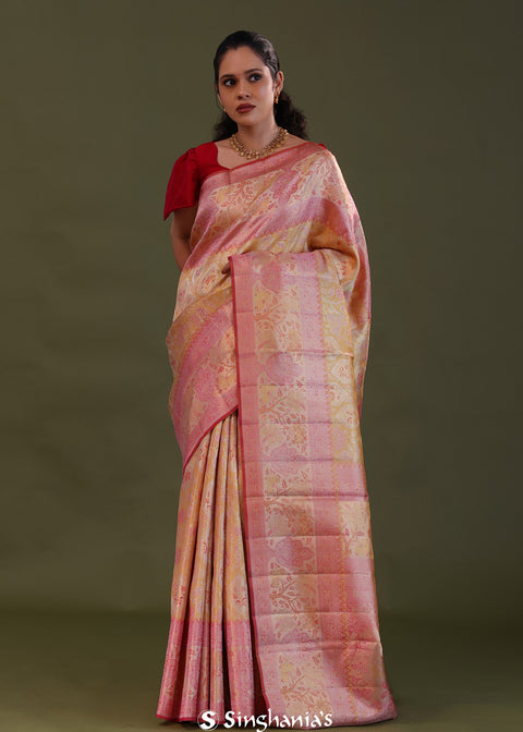 <img> Light Orange Kanjivaram Tissue Saree With Meenakari Design