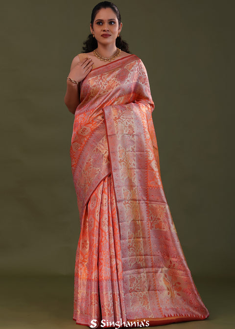 <img> Peach Orange Kanjivaram Tissue Saree With Meenakari Design