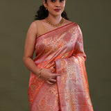 Peach Orange Kanjivaram Tissue Saree With Meenakari Design