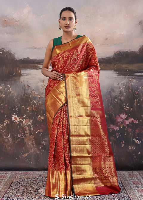 <img> Dark Red Kanjivaram Silk Saree With Peacock Motifs