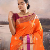 Orange Kanjivaram Silk Saree With Oosi Checks