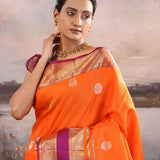 Orange Kanjivaram Silk Saree With Oosi Checks