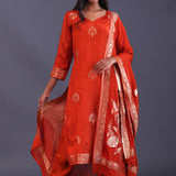 Candy Red Banarsi Silk Butti Kurti Set