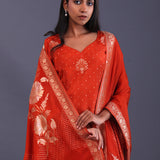 Candy Red Banarsi Silk Butti Kurti Set