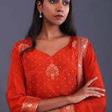 Candy Red Banarsi Silk Butti Kurti Set