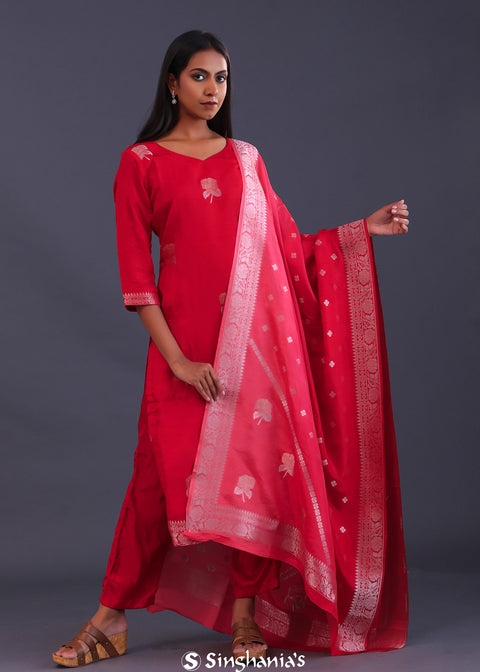 <img> Red Banarsi Silk Kurti Set