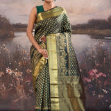 Dark Jungle Green Kanjivaram Silk Saree With Floral Motifs