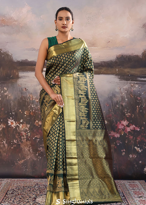 <img> Dark Jungle Green Kanjivaram Silk Saree With Floral Motifs