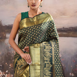 Dark Jungle Green Kanjivaram Silk Saree With Floral Motifs