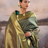 Dark Jungle Green Kanjivaram Silk Saree With Floral Motifs