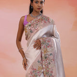 Pink Banarasi Tissue Saree With Embroidery Border