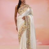 Silver Banarasi Tissue Saree With Contrast Dusty Yellow Border