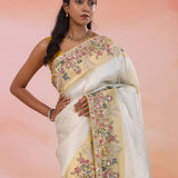 Silver Banarasi Tissue Saree With Contrast Dusty Yellow Border