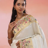 Silver Banarasi Tissue Saree With Contrast Dusty Yellow Border
